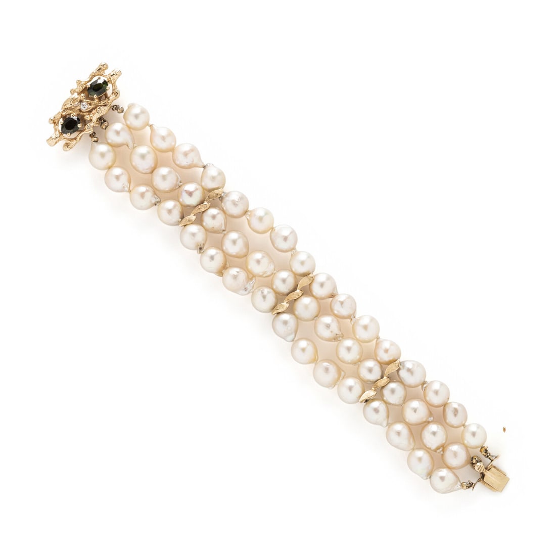 Cultured Pearl, Tourmaline, and Yellow Gold Bracelet: Cultured Pearl, Tourmaline, and Yellow Gold Bracelet Cultured pearls measuring approximately 8.00 - 8.50 mm, oval cut green tourmalines, and a round diamond. 14 karat yellow gold. 7 inches long, 1