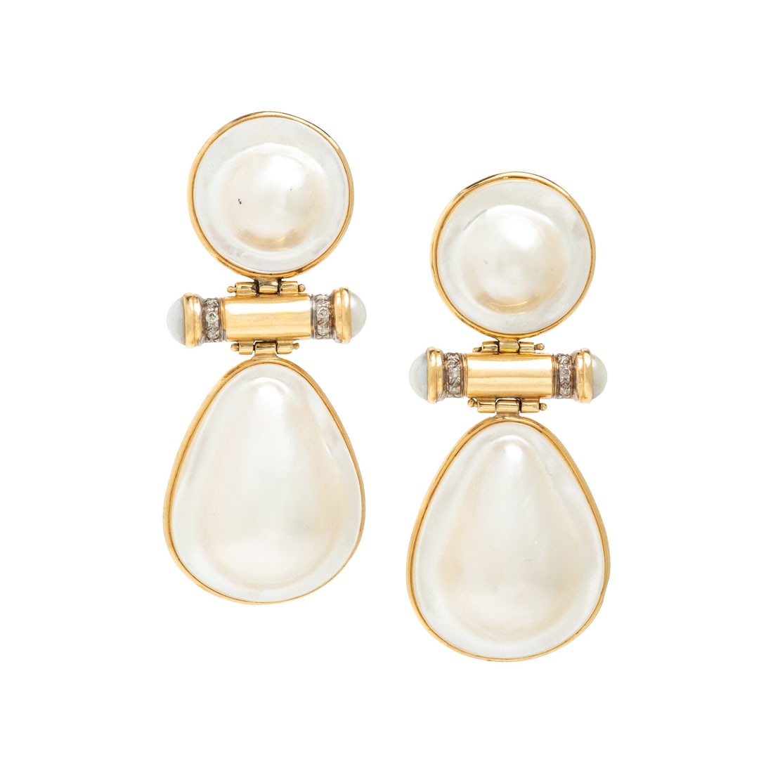 Blister Pearl and Yellow Gold Door Knocker Earrings: Blister Pearl and Yellow Gold Door Knocker Earrings Blister pearls, cultured pearl terminals, and round diamonds. 14 karat yellow gold. 2 1/8 inches long. Stamp: 14KP. Gross weight: 14.15 dwt. This