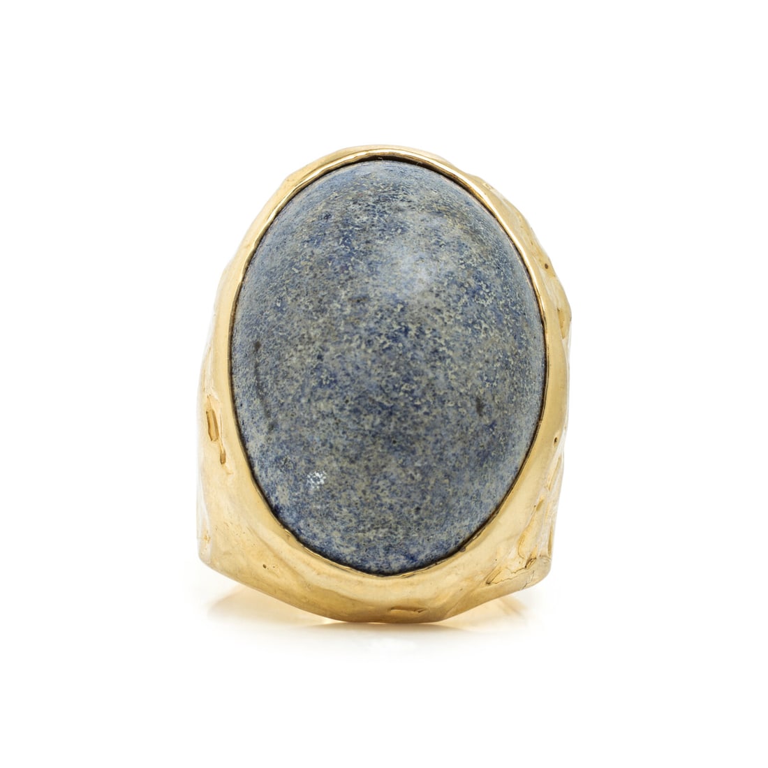 Yellow Gold and Sodalite Ring: Yellow Gold and Sodalite Ring Oval cabochon sodalite measuring approximately 27.50 x 20.75 mm. 14 karat yellow gold. Ring size 11 1/2. Stamp: (maker's mark) 14K. Gross weight: 26.40 dwt. From a