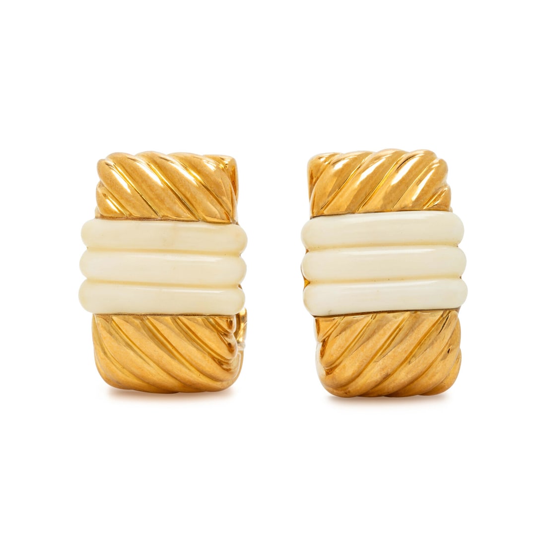 White Coral and Yellow Gold Earrings: White Coral and Yellow Gold Earrings Carved white coral. 18 karat yellow gold. 1 inch long. Stamp: 18K GC. Gross weight: 23.30 dwt. Estate of a Chicago Collector This lot is located in Chicago.