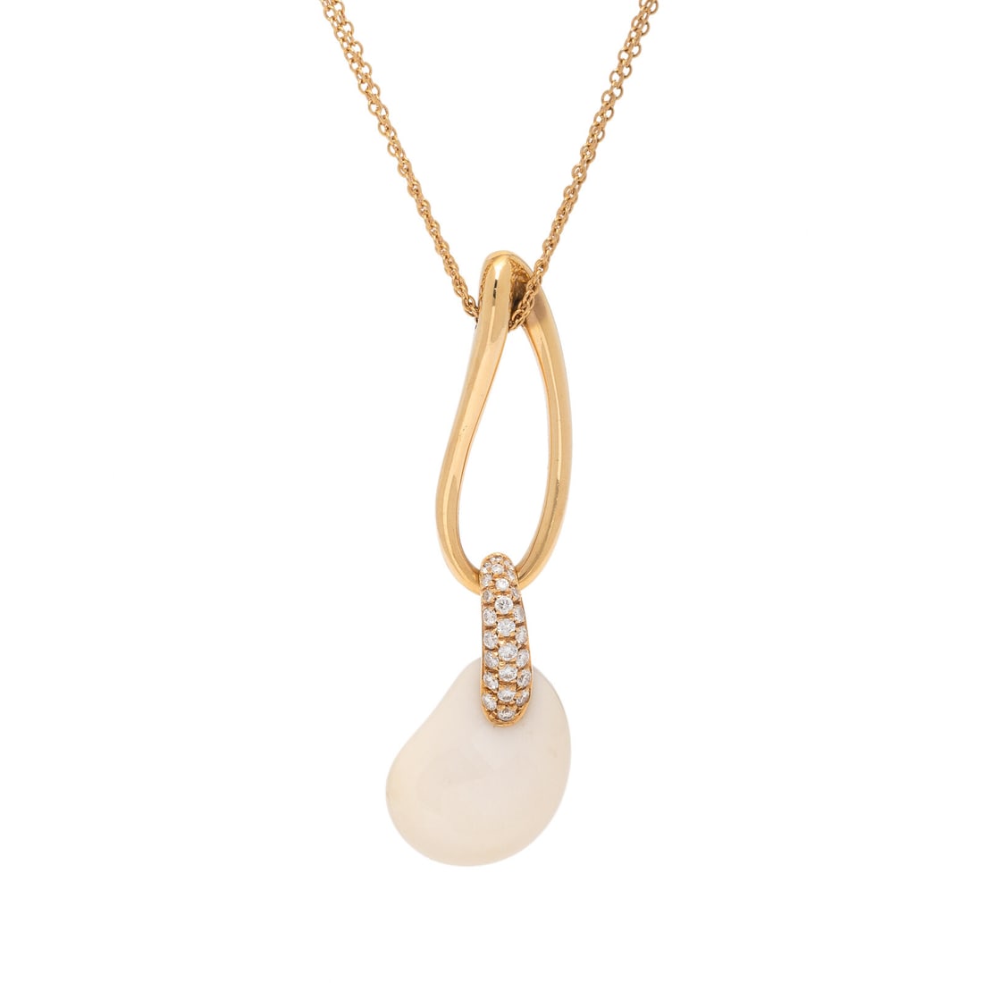 White Chalcedony, Diamond, and Yellow Gold Necklace: White Chalcedony, Diamond, and Yellow Gold Necklace Freeform carved white chalcedony measuring approximately 18.70 x 14.85 x 7.55 mm and round diamonds. Yellow gold and 18 karat yellow gold. 17