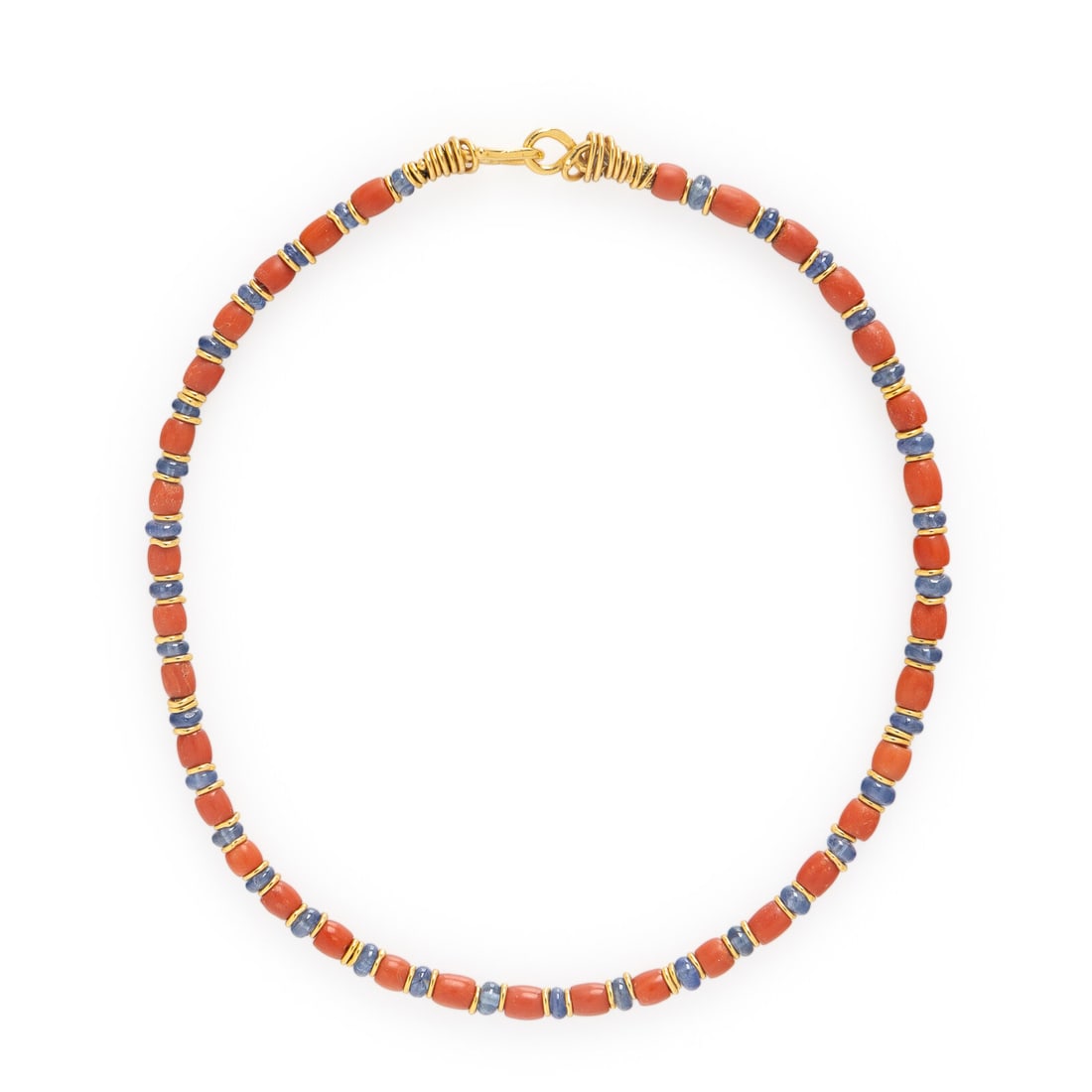 High Karat Yellow Gold, Coral and Sapphire Bead Necklace: High Karat Yellow Gold, Coral and Sapphire Bead Necklace Sapphire and coral beads. High karat yellow gold. 16 inches long. Stamp: (maker's mark) 22K. Gross weight: 23.20 dwt. Property from a Private