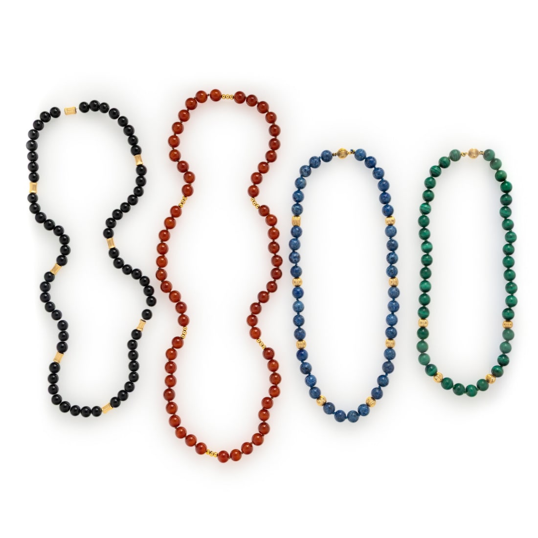 Collection of Hardstone Bead Necklaces: Collection of Hardstone Bead Necklaces Including four necklaces, one with lapis lazuli beads, one with malachite beads, one with carnelian beads, and one with onyx beads, the beads measuring