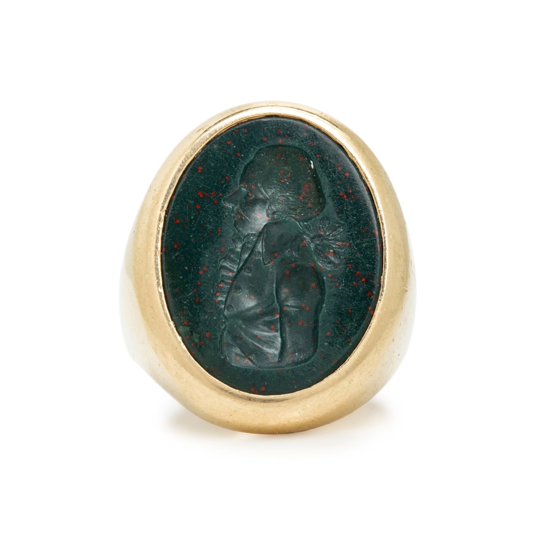 Yellow Gold and Bloodstone Intaglio Ring: Yellow Gold and Bloodstone Intaglio Ring Oval bloodstone intaglio measuring approximately 24.00 x 18.05 mm. 14 karat yellow gold. Ring size 10 1/2. Stamp: 585. Gross weight: 11.70 dwt. From a Private 