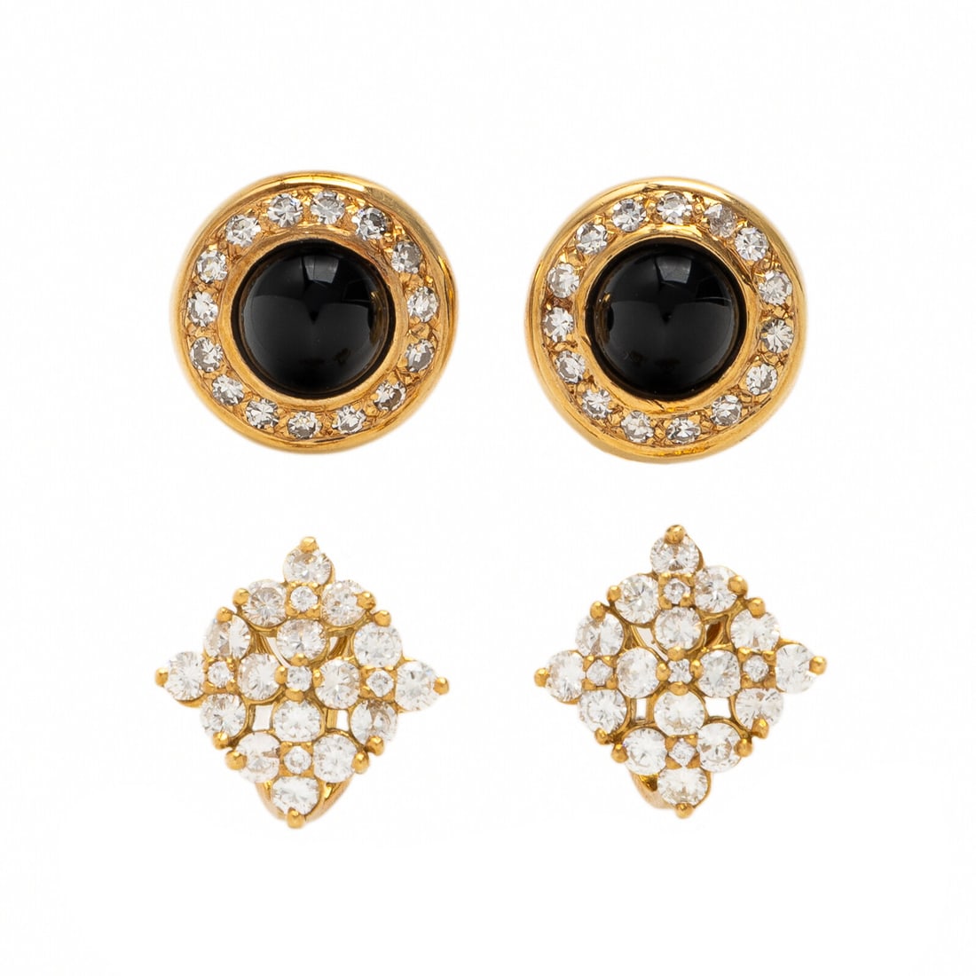 Two Pairs of Multigem and Yellow Gold Earrings: Two Pairs of Multigem and Yellow Gold Earrings Including two pairs of earrings, one pair set with round diamonds weighing approximately 2.40 carats total, and one pair set with round cabochon onyx mea
