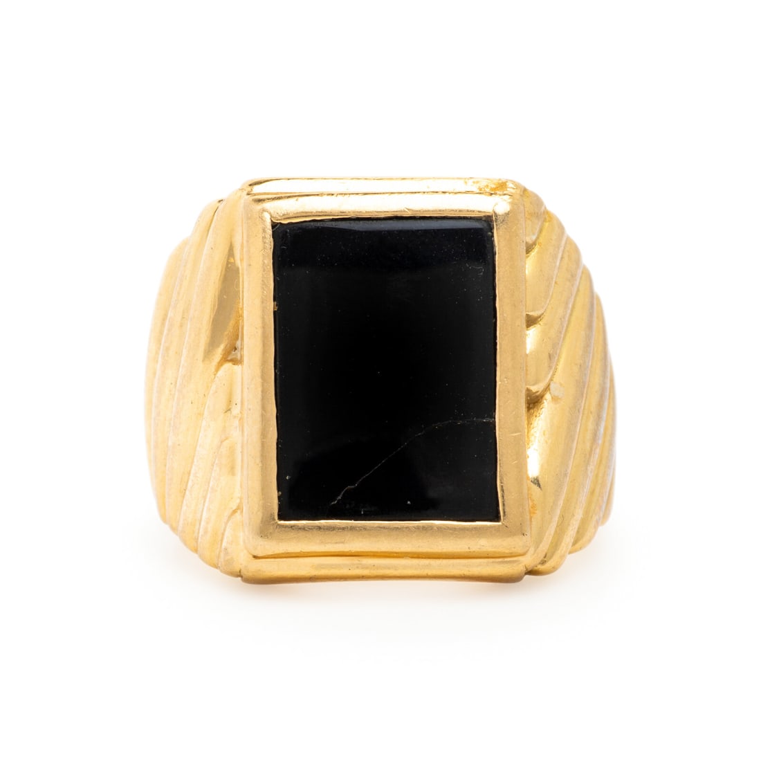 Yellow Gold and Onyx Ring: Yellow Gold and Onyx Ring Rectangular onyx plaque measuring approximately 14.90 x 10.75 mm. 18 karat yellow gold. Ring size 9 3/4. Stamp: (partially obscured) IMO 18K. Gross weight: 19.75 dwt. From a
