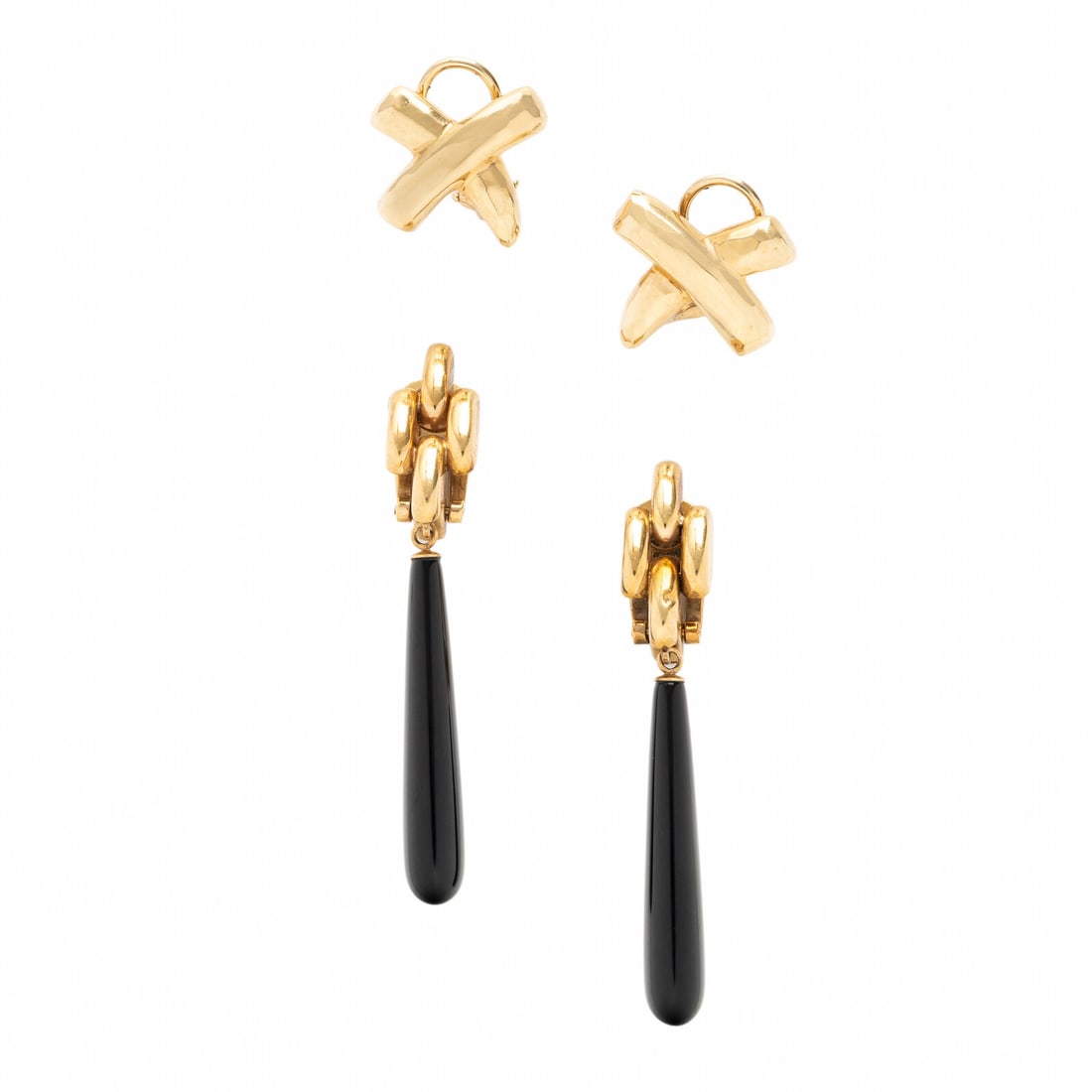 Two Pairs of Yellow Gold Earrings: Two Pairs of Yellow Gold Earrings Including two pairs of earrings, one pair in an 'X' design, and one pair with teardrop carved onyx measuring approximately 43.80 x 5.95 mm. 14 karat yellow gold. 1/2