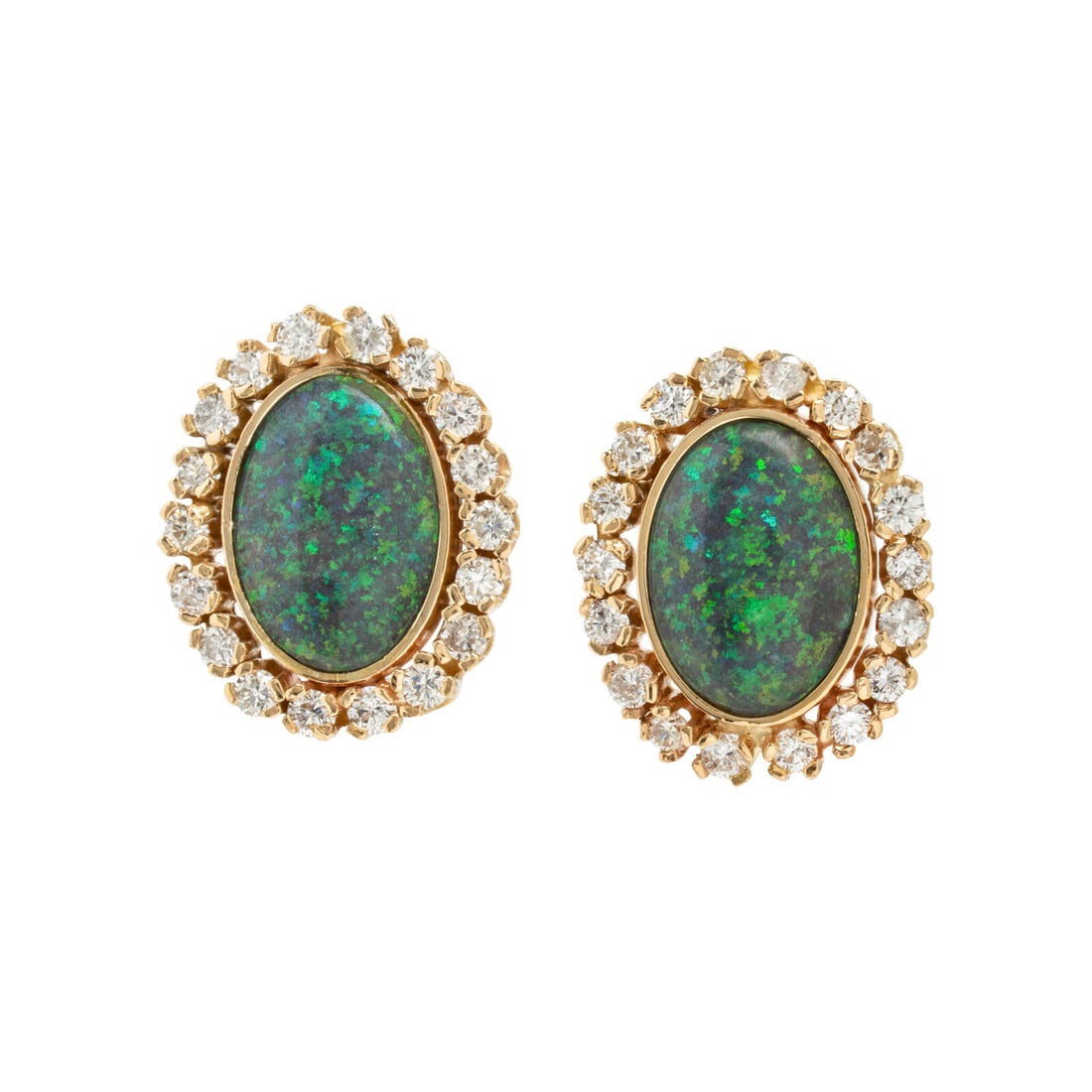 Opal, Diamond, and Yellow Gold Earrings: Opal, Diamond, and Yellow Gold Earrings Oval cabochon opals measuring approximately 14.20 x 9.95 x 3.40 mm, and round diamonds weighing approximately 1.55 carats total. Yellow gold. 3/4 inch long.