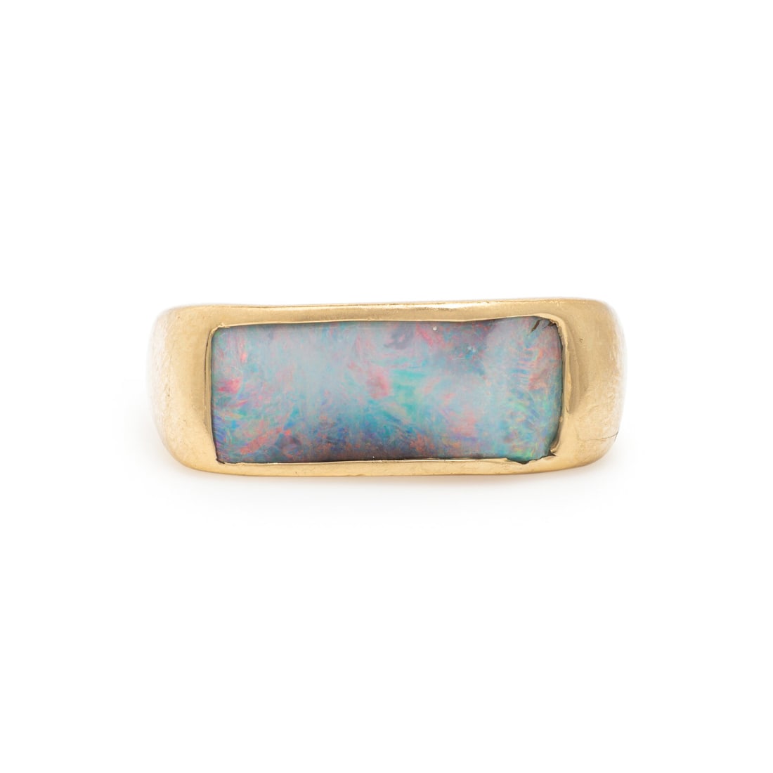 Opal Doublet and Yellow Gold Ring: Opal Doublet and Yellow Gold Ring Opal doublet plaque measuring approximately 19.10 x 7.75 x 4.75 mm. 14 karat yellow gold. Ring size 11. Stamp: 14K. Gross weight: 8.55 dwt. From a Private