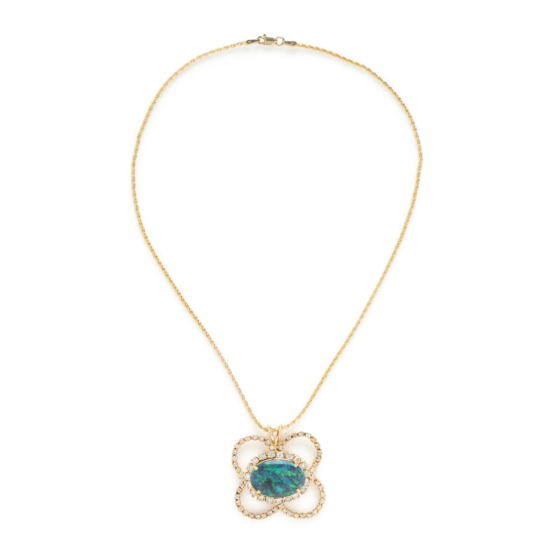 Black Opal, Diamond, and Yellow Gold Pendant and Chain Necklace: Black Opal, Diamond, and Yellow Gold Pendant and Chain Necklace Oval cabochon black opal measuring approximately 21.40 x 14.30 mm and round diamonds weighing approximately 1.70 carats total. 14 karat 