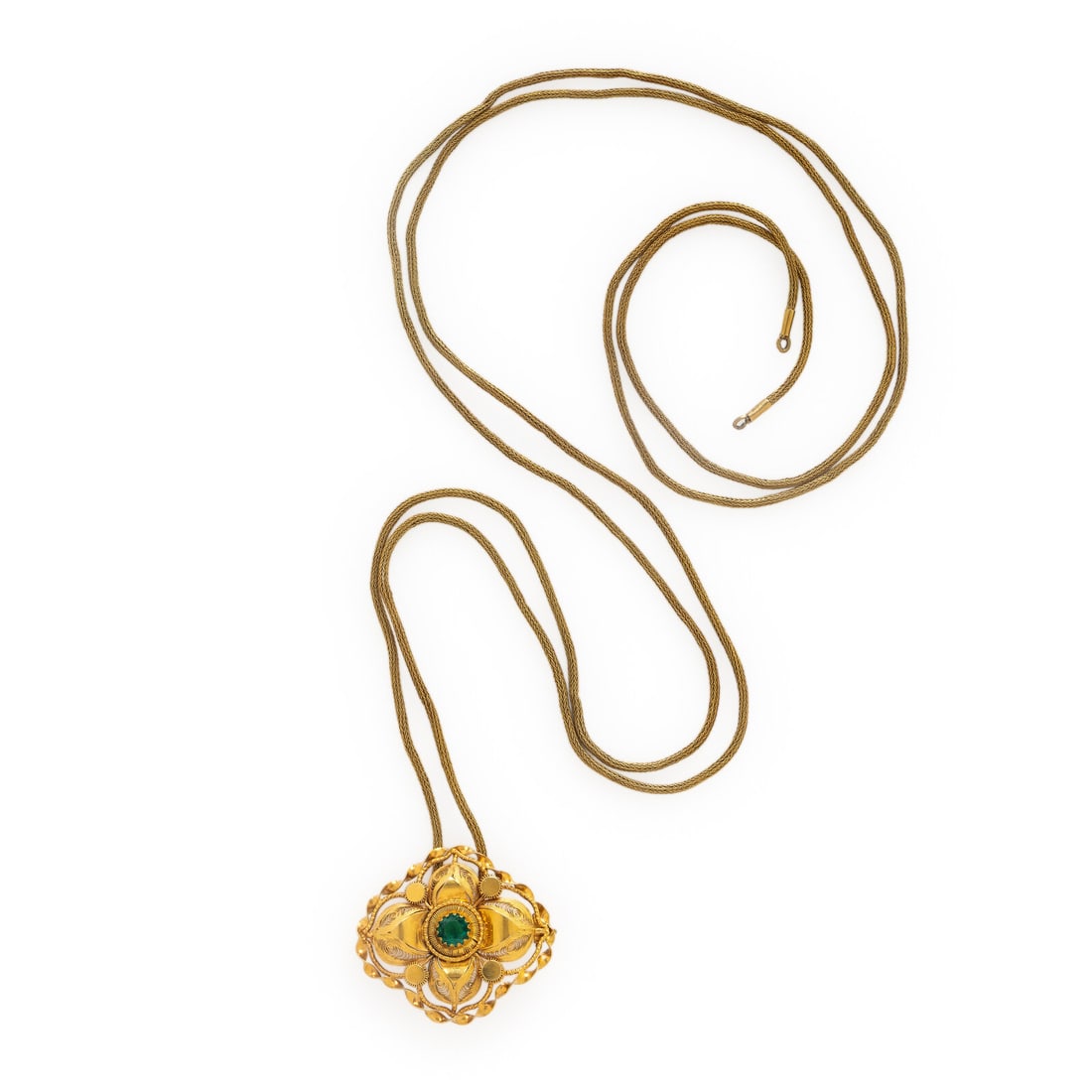 Yellow Gold and Green Glass Pollera Necklace: Yellow Gold and Green Glass Pollera Necklace Including a pendant brooch set with round green glass and a long open chain. Yellow gold. Pendant: 1 7/8 x 1 3/4 inches. Chain: 64 inches long. Gross weigh