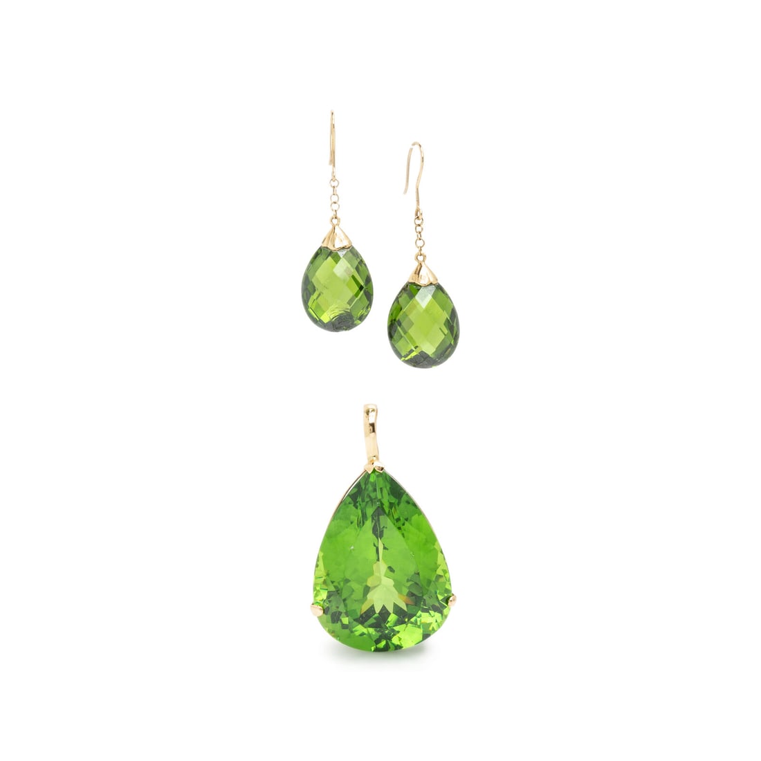 Yellow Gold and Synthetic Green Stone Pendant and Earrings: Yellow Gold and Synthetic Green Stone Pendant and Earrings Including a pendant set with a pear shape synthetic green stone, and a pair of earrings set with briolette cut synthetic green stones. Yellow