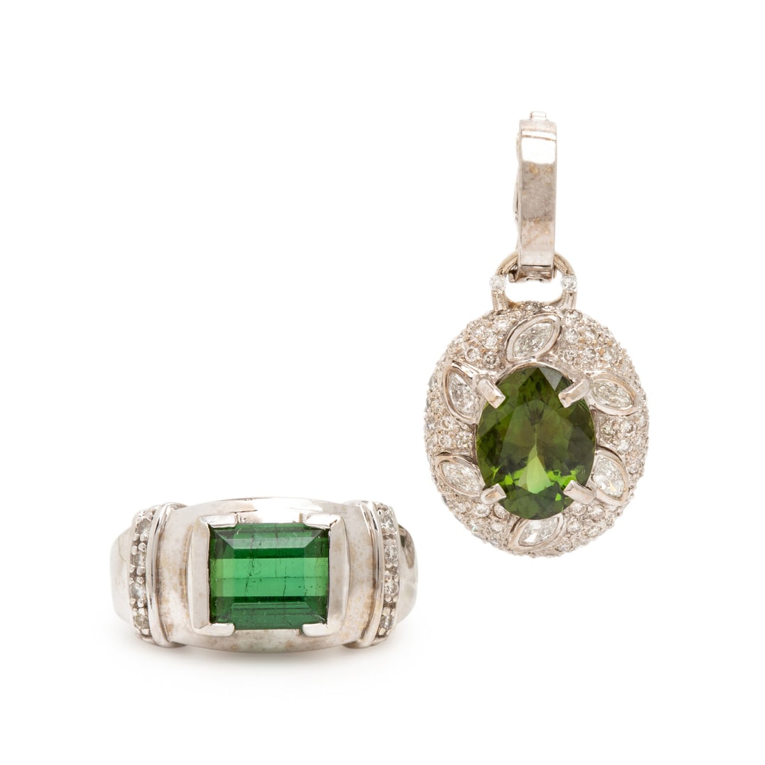 Green Tourmaline, Diamond, and White Gold Pendant and Ring: Green Tourmaline, Diamond, and White Gold Pendant and Ring Including a pendant and ring, the pendant set with an oval green tourmaline weighing approximately 3.15 carats by formula, and marquise cut a
