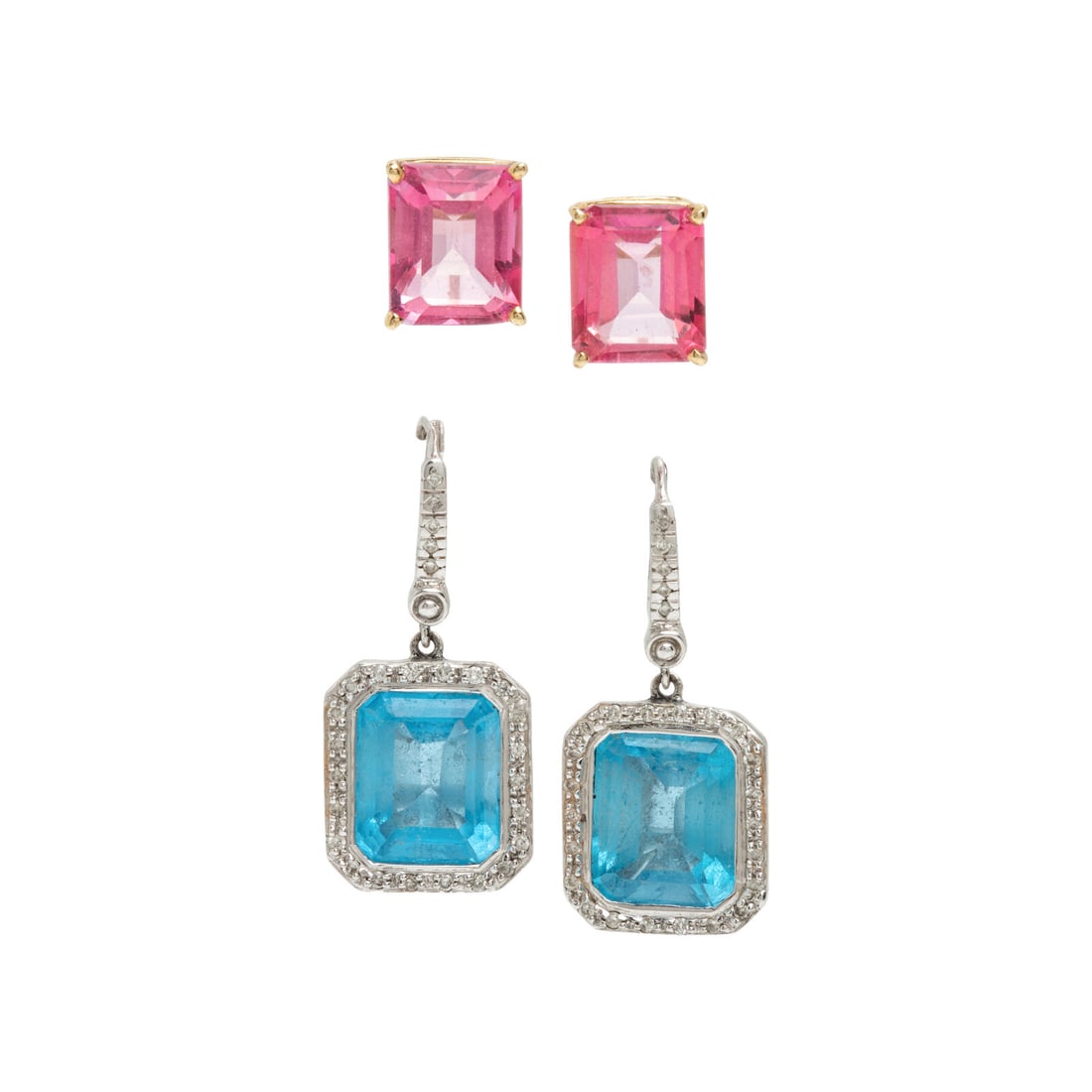 Two Pairs of Multigem Earrings: Two Pairs of Multigem Earrings Including a pair of stud earrings with emerald cut pink topaz, and a pair of earrings with emerald cut blue topaz weighing approximately 14.20 carats total by formula an
