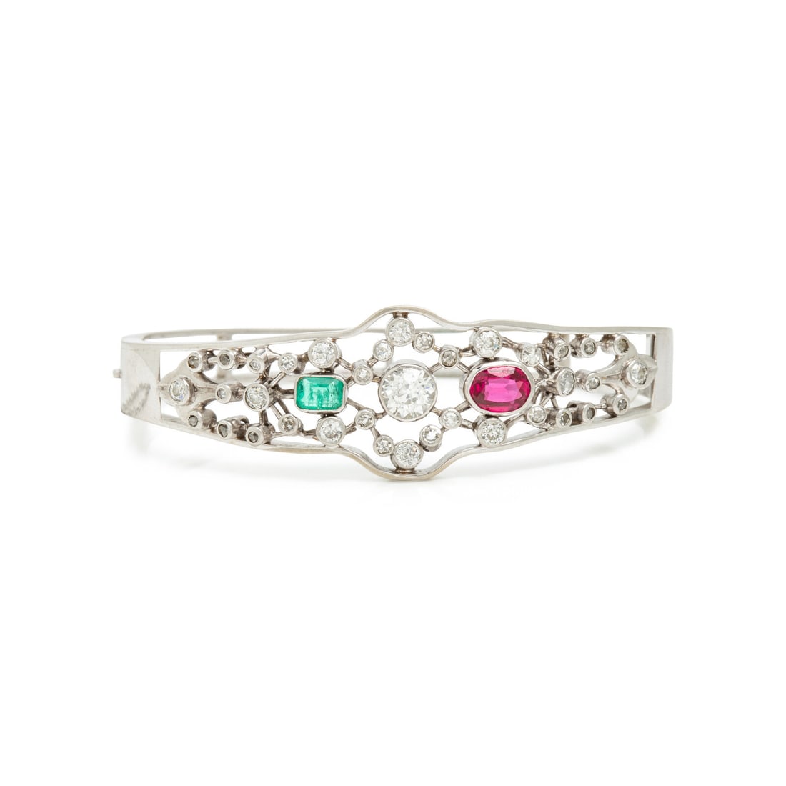 Diamond, White Gold, and Multigem Bangle Bracelet: Diamond, White Gold, and Multigem Bangle Bracelet Oval synthetic ruby, emerald cut synthetic emerald, round, old European, and single cut diamonds weighing approximately 2.15 total, and rose cut diamo