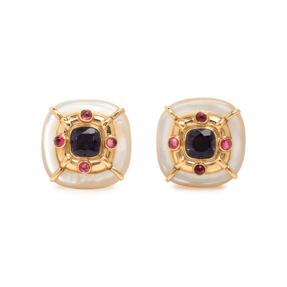Multigem, Mother-of-Pearl, and Yellow Gold Earrings: Multigem, Mother-of-Pearl, and Yellow Gold Earrings Cushion cut iolite measuring approximately 8.65 x 8.90 mm, round cabochon pink tourmaline, and mother-of-pearl. 14 karat yellow gold. 1 inch long. S