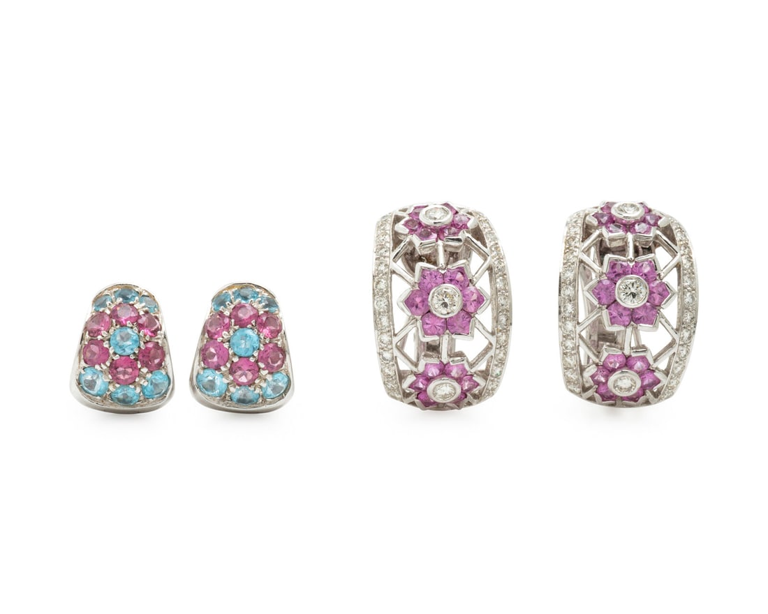 Two Pairs of White Gold and Multigem Earrings: Two Pairs of White Gold and Multigem Earrings Including a pair of earrings set with round blue topaz and pink tourmaline, and a pair of earrings set with round diamonds weighing approximately 1.75 car