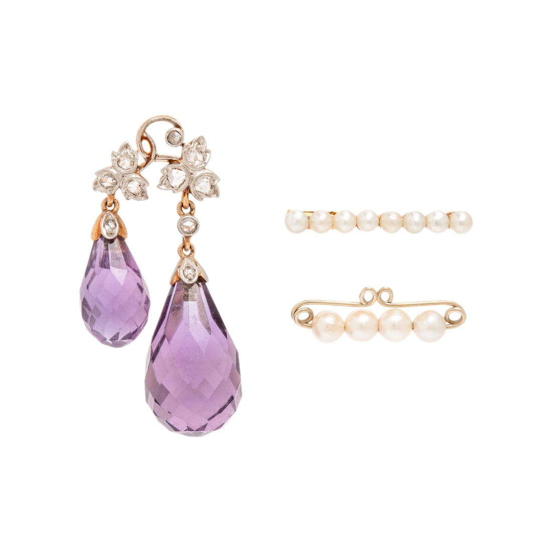 Amethyst and Diamond Pendant and Two Seed Pearl Pins (1 of 4)
