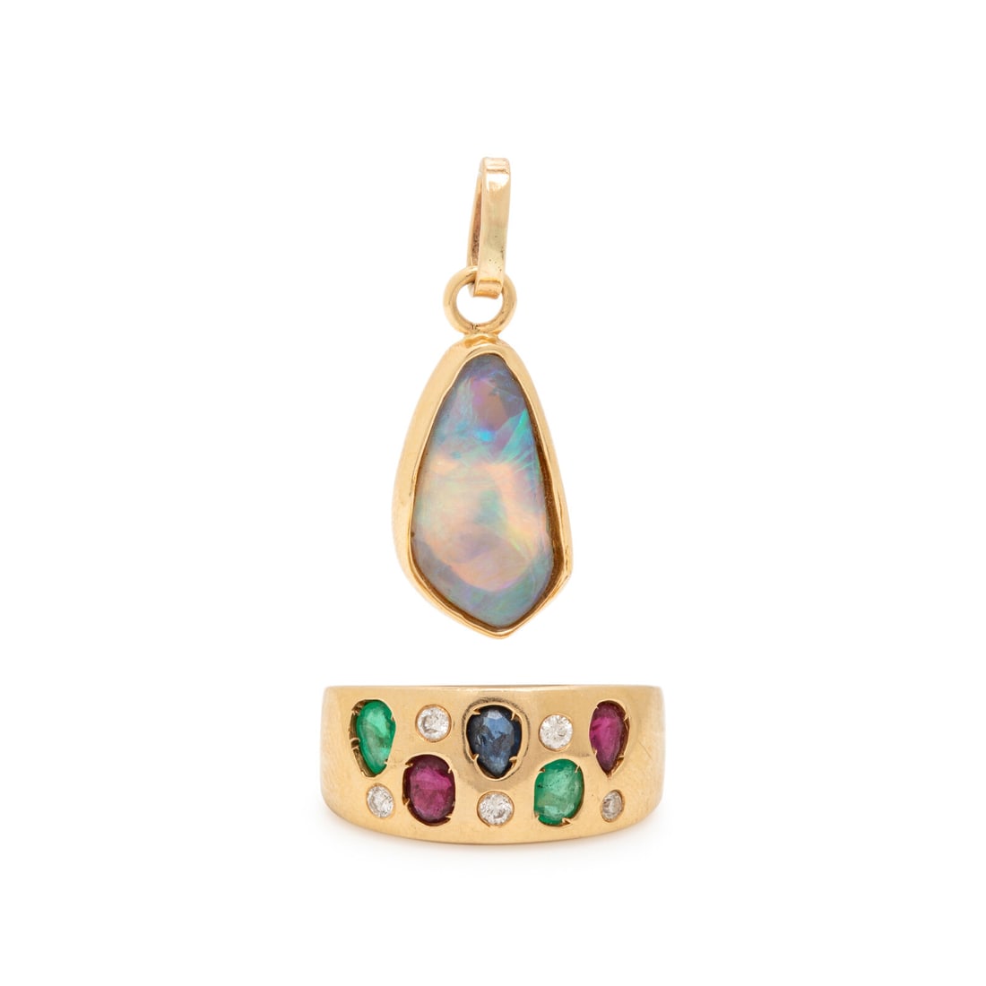 Yellow Gold and Multigem Ring and Pendant: Yellow Gold and Multigem Ring and Pendant Including a ring and pendant, the ring set with oval and pear shape rubies, emeralds, and sapphires, and round diamonds, and the pendant set with a free form 