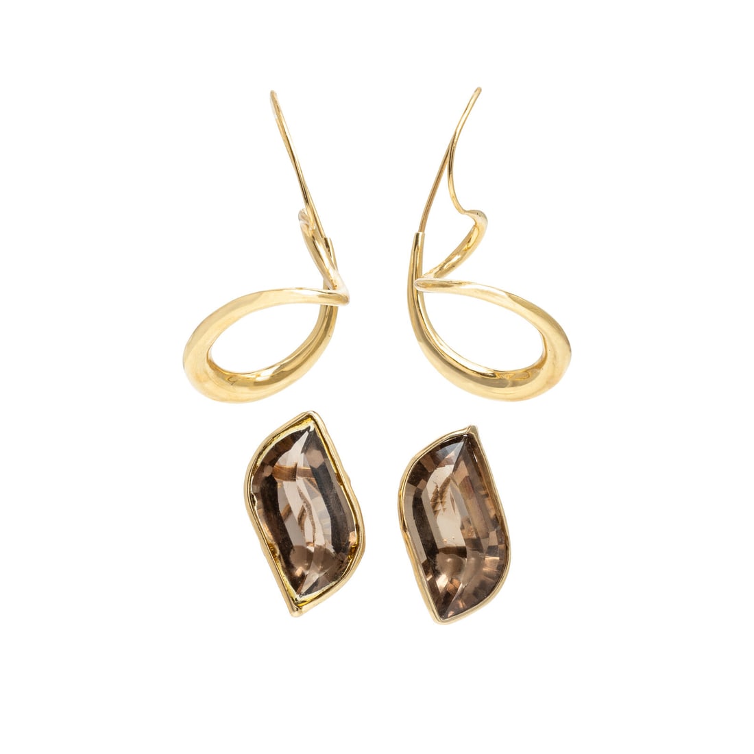 Two Pairs of Yellow Gold Earrings: Two Pairs of Yellow Gold Earrings Including a pair of gold twisted hoop earrings and a pair of earrings with fantasy cut smoky quartz. 14 karat yellow gold. 1 1/2 inches long. 1 1/8 inches long.