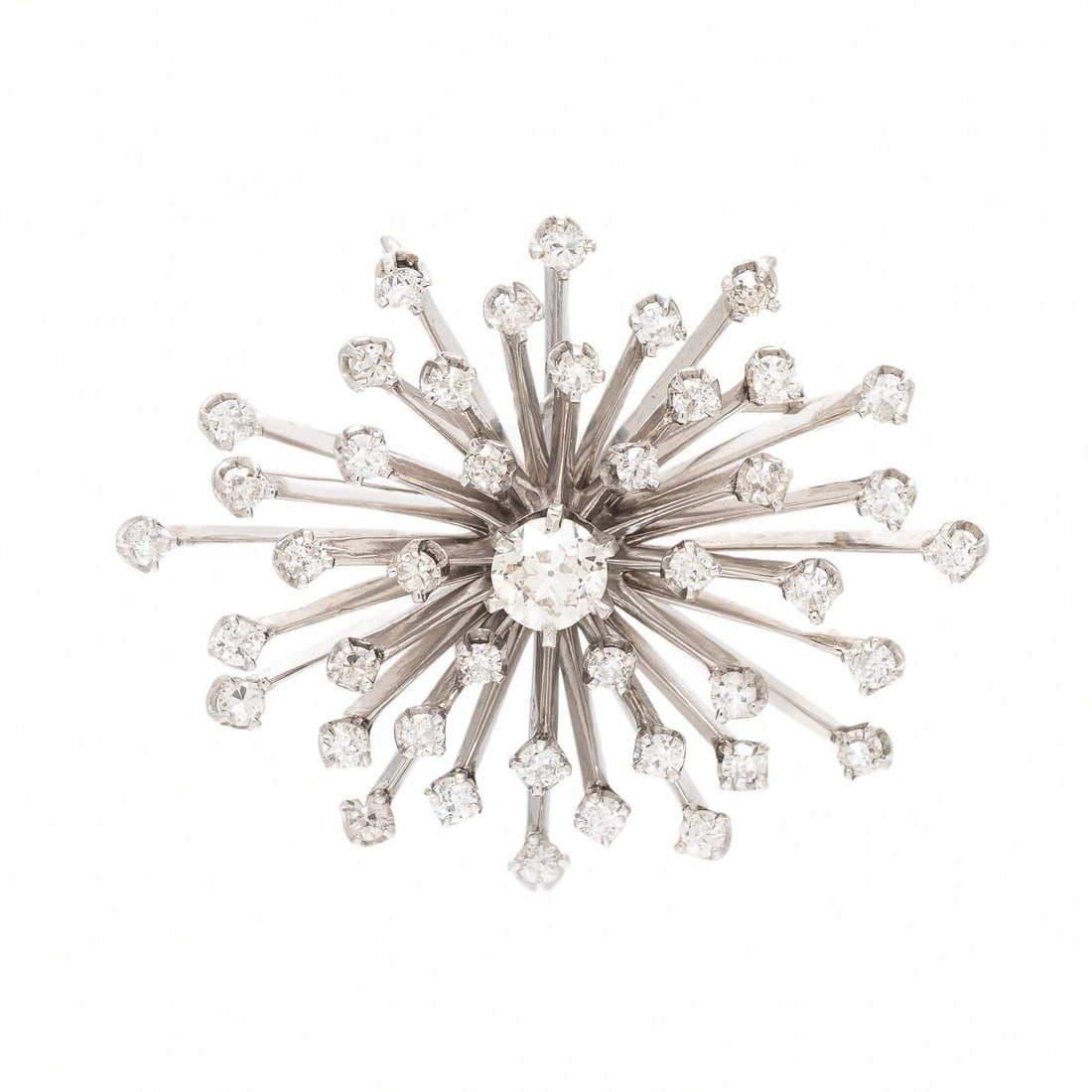 Diamond and White Gold Spray Pendant Brooch: Diamond and White Gold Spray Pendant Brooch Old European, transitional, old mine, and single cut diamonds weighing approximately 1.85 carats total. White gold. 1 1/2 x 1 1/8 inches. Gross weight: 8.45