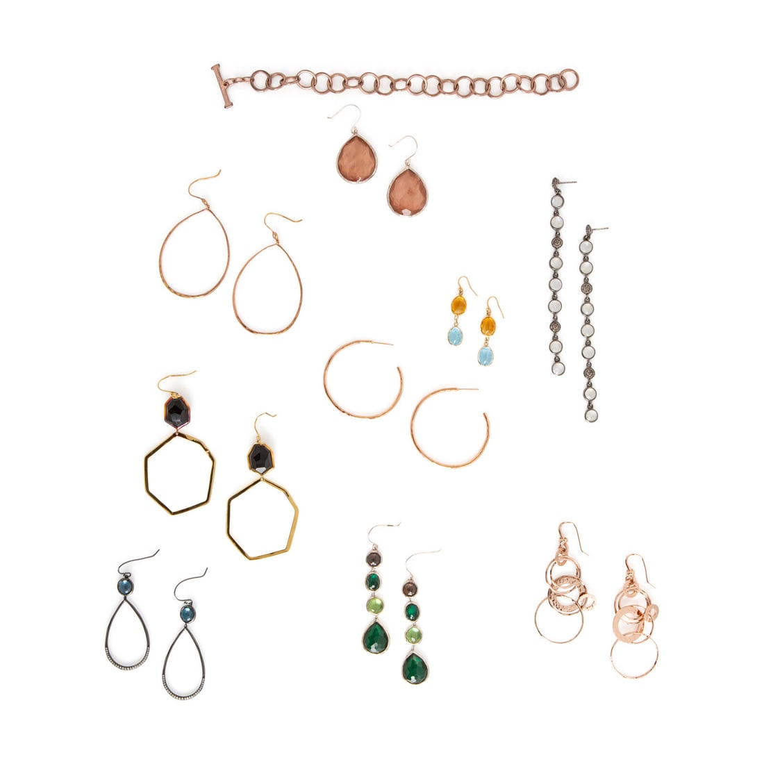 Ippolita, Collection of Jewelry, with Two Unsigned Pairs of Earrings: Ippolita, Collection of Jewelry, with Two Unsigned Pairs of Earrings Including nine pairs of earrings, six pairs set with variously cut colored stones, including mother-of-pearl, topaz, quartz,