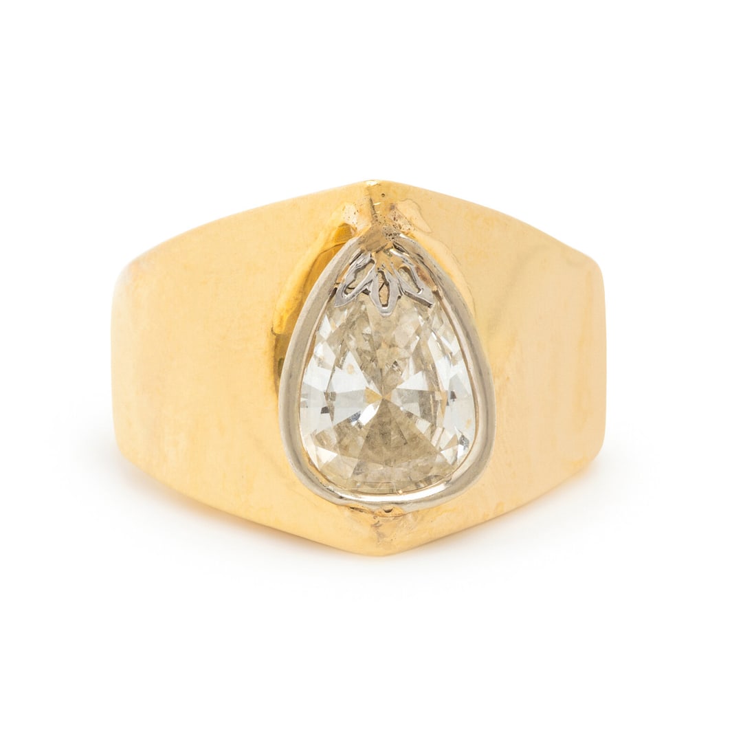 Diamond and Yellow Gold Ring: Diamond and Yellow Gold Ring Pear shape diamond weighing approximately 1.70 carats. 18 karat yellow and white gold. Ring size 8 3/4. Stamp: 18K. Gross weight: 7.70 dwt. This lot is located in Chicago.