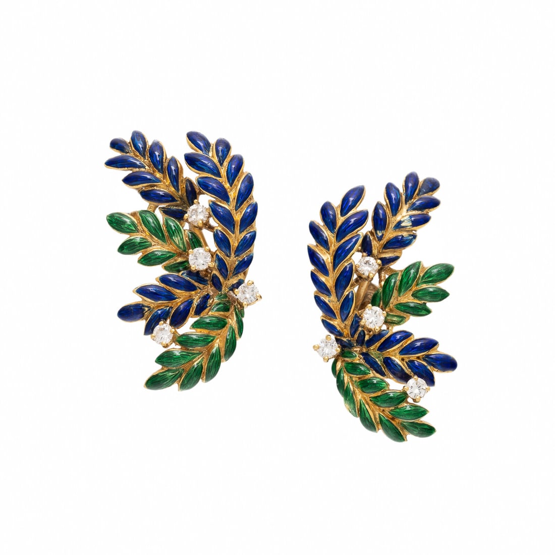 Enamel, Yellow Gold, and Diamond Leaf Earrings: Enamel, Yellow Gold, and Diamond Leaf Earrings Round diamonds weighing approximately 0.55 carat total, and blue and green enamel. 18 karat yellow gold. 1 3/8 inches long. Stamp: 18K ITALY M. Gross