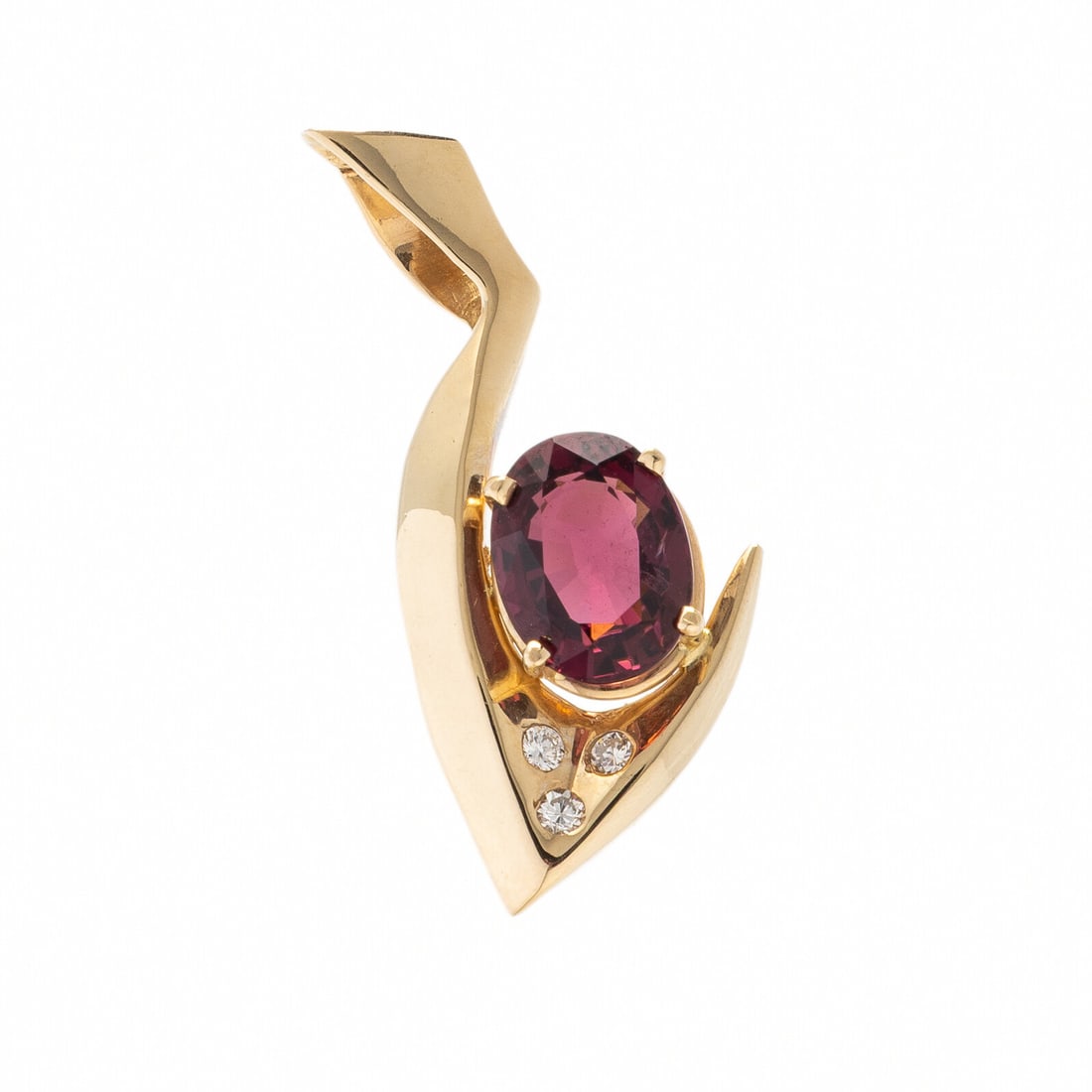 Tourmaline, Diamond, and Yellow Gold Pendant: Tourmaline, Diamond, and Yellow Gold Pendant Oval tourmaline weighing approximately 3.25 carats by formula, and round diamonds. Yellow gold. 1 1/2 inches long. Gross weight: 5.85 dwt. From the