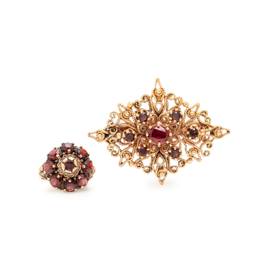 Yellow Gold and Multigem Ring and Brooch: Yellow Gold and Multigem Ring and Brooch Including a ring set with round garnets and a brooch set with round garnets and an oval synthetic ruby. 14 karat yellow gold and yellow gold. Ring size 6 1/2. 