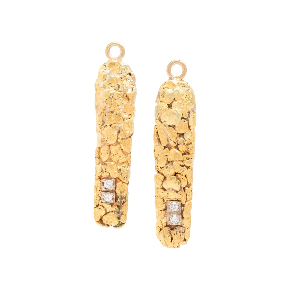 Pair of Yellow Gold and Diamond Pendants: Pair of Yellow Gold and Diamond Pendants Round diamonds weighing approximately 0.15 carat total. Yellow gold. 1 5/8 inches long. Gross weight: 9.95 dwt. From a Private Collection, Prescott, Arizona
