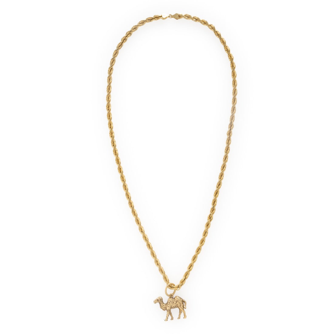 Yellow Gold Chain Necklace with Camel Pendant: Yellow Gold Chain Necklace with Camel Pendant The camel set with a round red eye. Yellow gold and 14 karat yellow gold. Pendant: 1 1/2 x 1 1/4 inches. Chain: 27 inches long. Chain stamp: 14K PERU.
