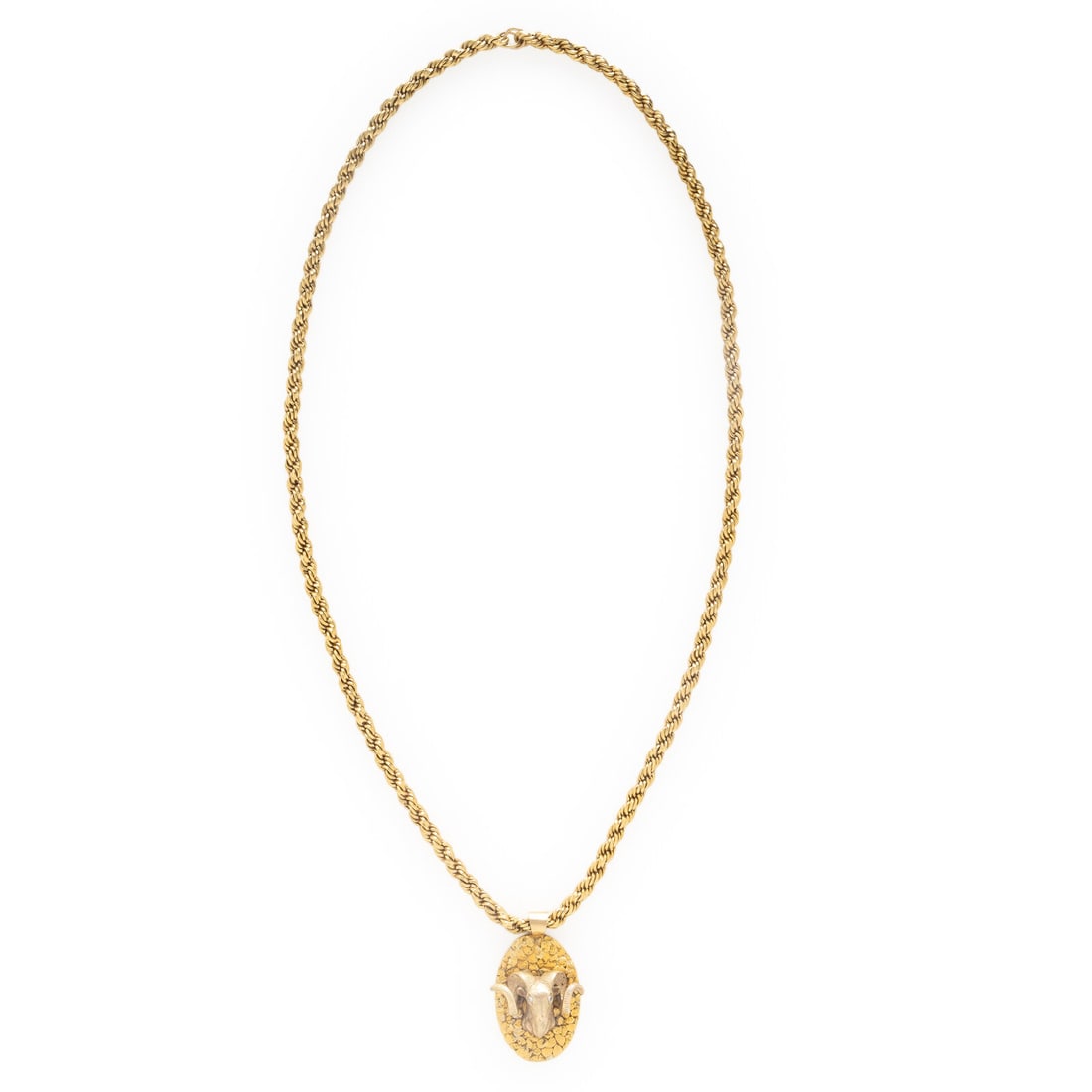 Yellow Gold and Diamond Ram Pendant Necklace: Yellow Gold and Diamond Ram Pendant Necklace The pendant set with round diamonds. Yellow gold. 32 inches long with a 2 inch drop. Stamp: YUKON (maker's mark). Gross weight: 75.40 dwt. From a Private C