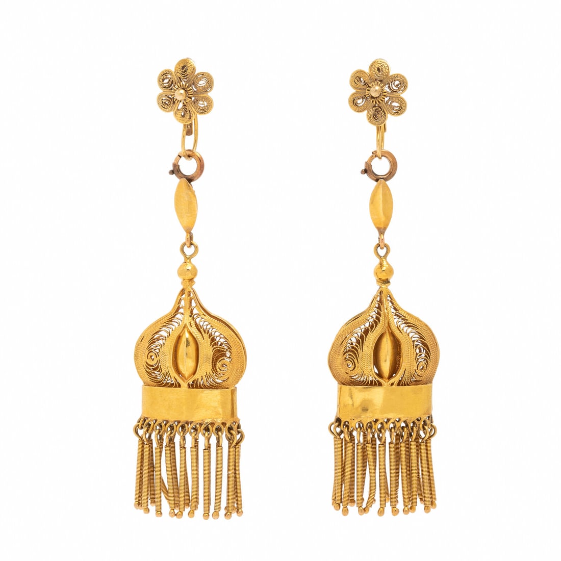 Yellow Gold Pollera Tassel Earrings: Yellow Gold Pollera Tassel Earrings Yellow gold. 2 3/4 inches long. Gross weight: 8.15 dwt. Property of a Private Collection This lot is located in Chicago.