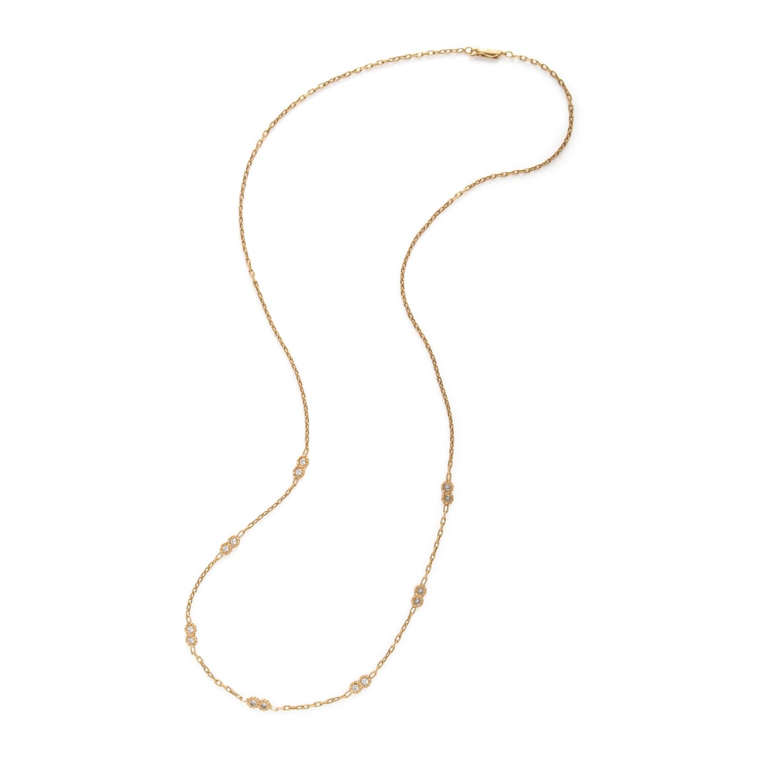 Yellow Gold and Diamond Chain Necklace: Yellow Gold and Diamond Chain Necklace Round diamonds weighing approximately 0.95 carat total. Yellow gold. 33 inches long. Gross weight: 13.00 dwt. From a Private Collection, Prescott, Arizona This