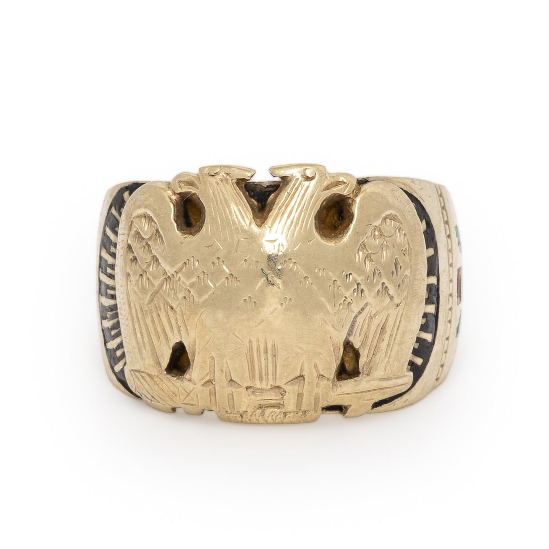 Yellow Gold and Enamel Masonic Ring: Yellow Gold and Enamel Masonic Ring Black, green, and red enamel. Yellow gold. Ring size 8. Gross weight: 7.60 dwt. From a Private Collection, Prescott, Arizona This lot is located in Chicago.