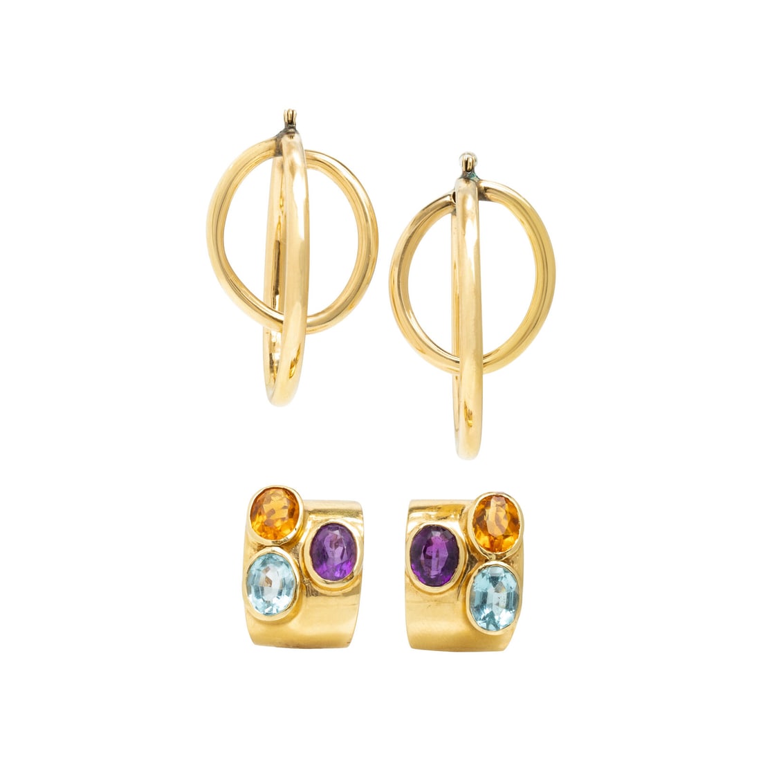Two Pairs of Yellow Gold Earrings: Two Pairs of Yellow Gold Earrings Including a pair of hoop earrings and a pair of earrings set with oval blue topaz, amethyst, and citrine. 14 karat yellow gold. 1 1/2 inches long, 7/8 inch long.