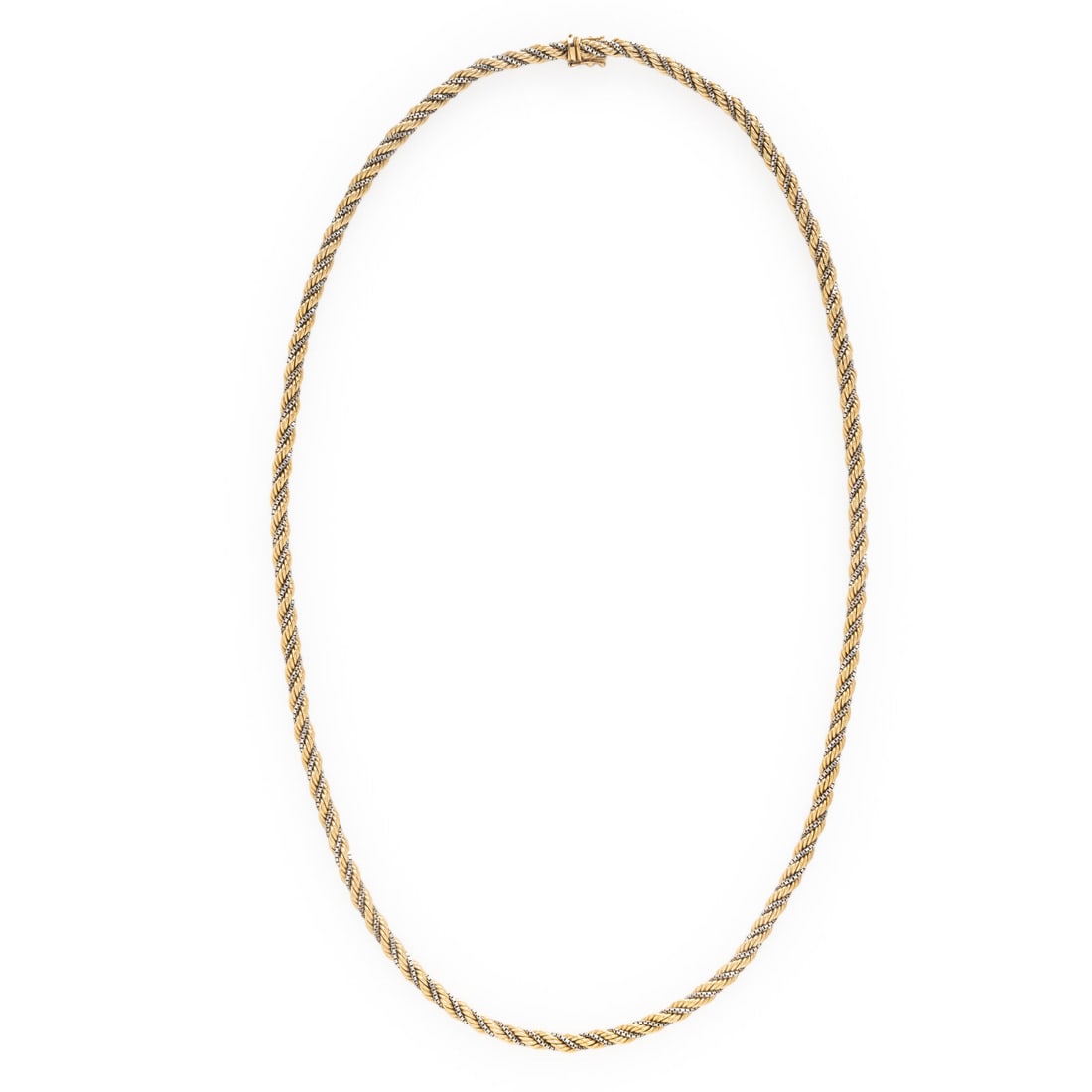 Bicolor Gold Chain Necklace: Bicolor Gold Chain Necklace 18 karat yellow and white gold. 28 inches long. Stamp: 18K. Gross weight: 33.60 dwt. From a Private Collection, Prescott, Arizona This lot is located in Chicago.