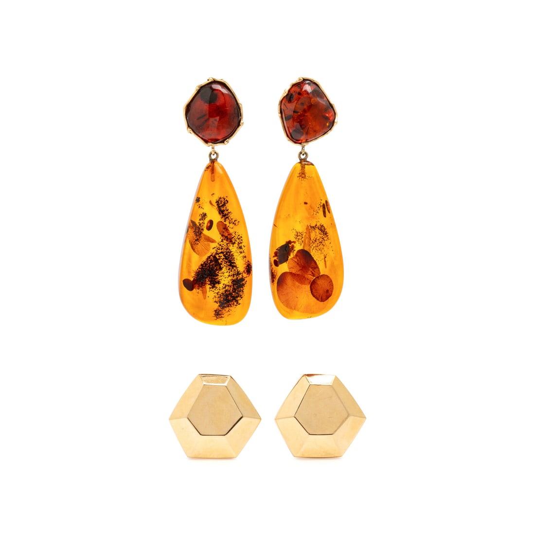 Two Pairs of Yellow Gold Earrings: Two Pairs of Yellow Gold Earrings Including a pair of geometric yellow gold earrings and a pair of amber pendant earrings. 14 karat yellow gold. 1 3/8 inches long, 3 3/4 inches long. Stamp: OPBD 14K. 