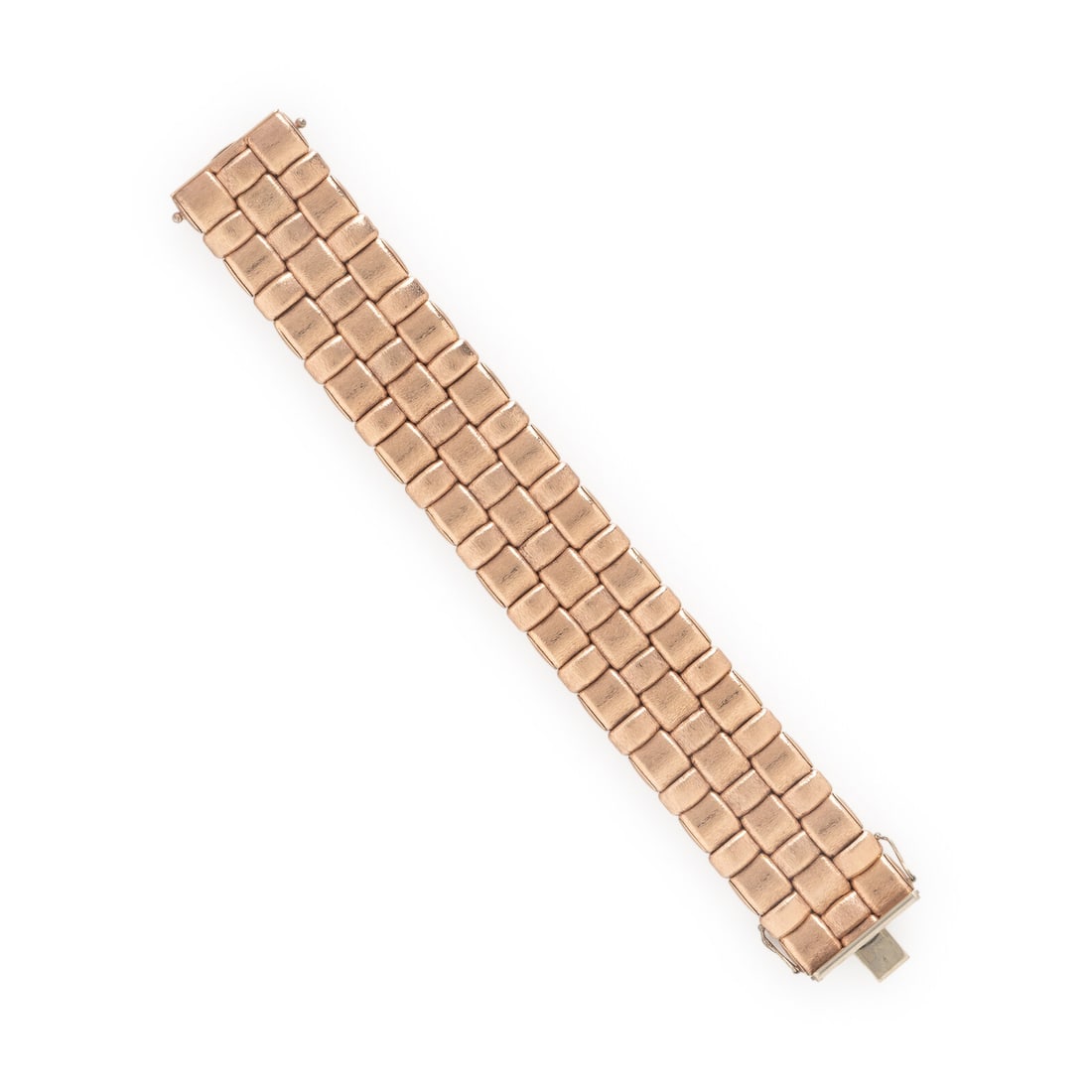 Rose Gold Basket Weave Bracelet: Rose Gold Basket Weave Bracelet Brushed 14 karat rose gold. 7 1/2 inches long. Stamp: 14K ITALY. Gross weight: 29.85 dwt. This lot is located in Chicago.