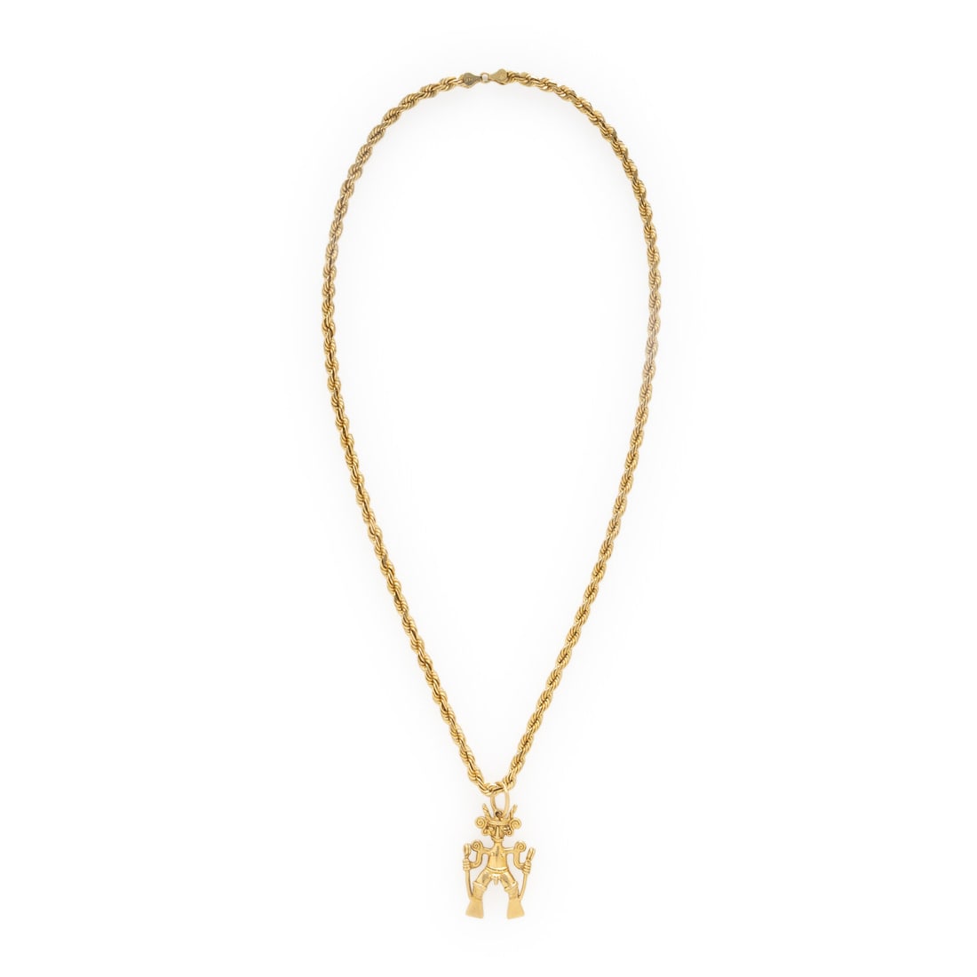 Yellow Gold Pre-Colombian Style Figure Pendant Necklace: Yellow Gold Pre-Colombian Style Figure Pendant Necklace 14 karat yellow gold. 26 inches long with a 2 1/4 inch drop. Pendant stamp: 14K. Chain stamp: 14K (maker's mark) PERU. Gross weight: 57.65 dwt.