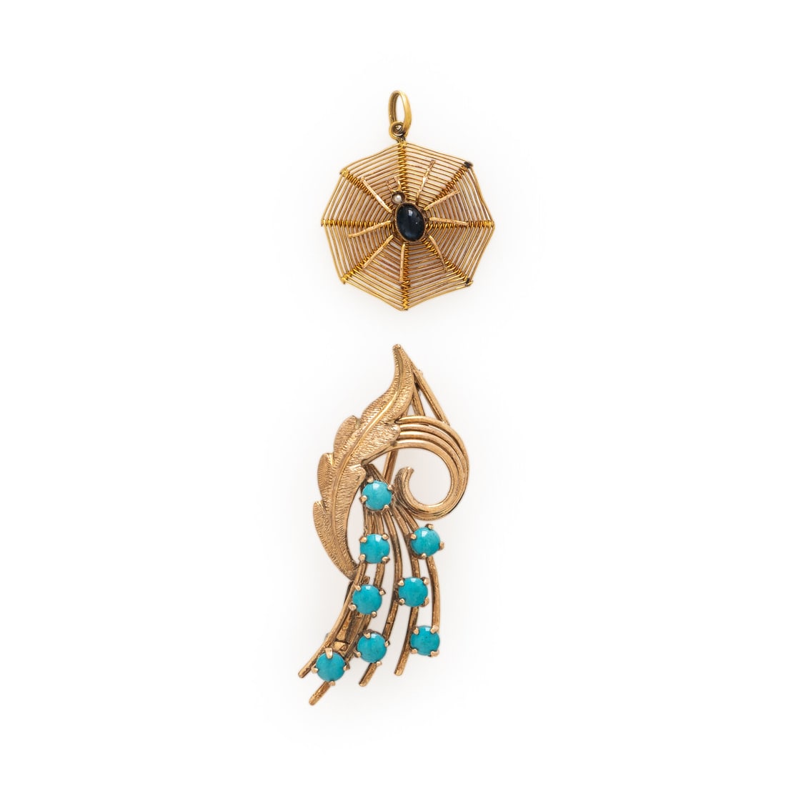 Collection of Yellow Gold and Multigem Jewelry: Collection of Yellow Gold and Multigem Jewelry Including a brooch set with round cabochon turquoise and a pendant set with an oval cabochon blue stone and a seed pearl. 14 karat yellow gold and
