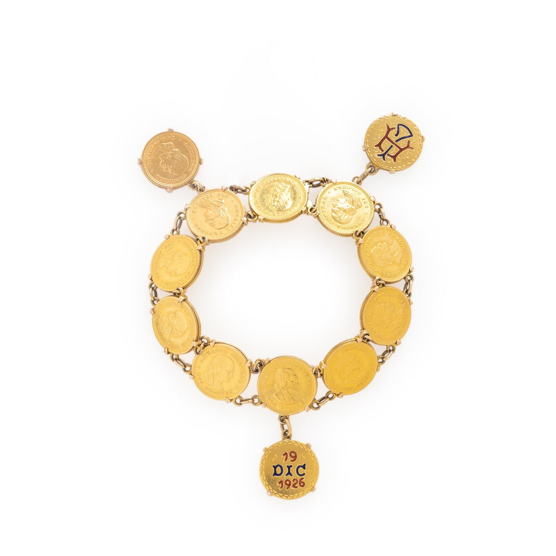Yellow Gold Coin Bracelet: Yellow Gold Coin Bracelet 1926 Costa Rican 2-colones coins, and blue and red enamel. Yellow gold. 6 7/8 inches. Gross weight: 19.15 dwt. Property of a Private Collection This lot is located in