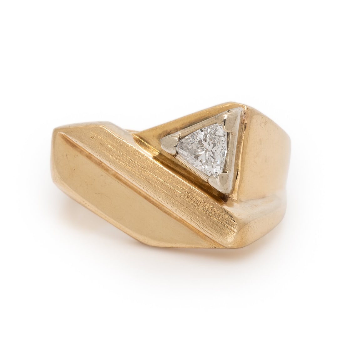 Yellow Gold and Diamond Ring: Yellow Gold and Diamond Ring Trillion cut diamond weighing approximately 0.35 carat. 14 karat yellow gold. Ring size 6 1/4. Stamp: (partially obscured maker's mark) 14K. Gross weight: 6.75 dwt.