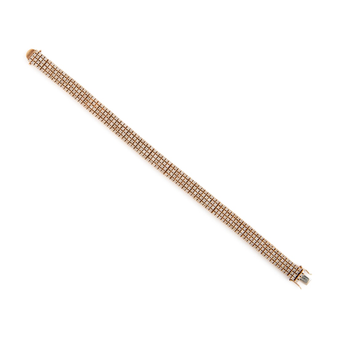 Diamond and Yellow Gold Bracelet: Diamond and Yellow Gold Bracelet Round diamonds weighing approximately 3.60 carats total. 14 karat yellow gold. 7 inches long. Stamp: 14KP IL. Gross weight: 17.30 dwt. This lot is located in Chicago.