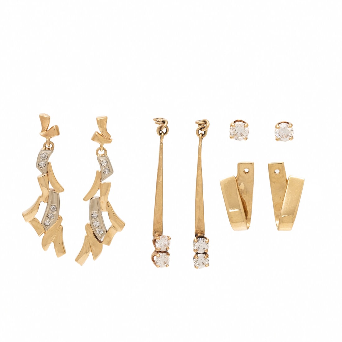 Collection of Diamond and Yellow Gold Earrings and Enhancers: Collection of Diamond and Yellow Gold Earrings and Enhancers Including a pair of stud earrings set with round diamonds weighing approximately 0.50 carat total, a pair of dangle earrings set with