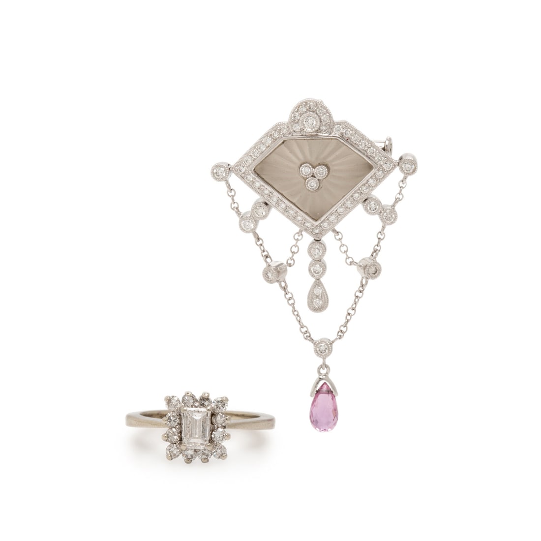 Diamond and White Gold Pendant Brooch and Ring: Diamond and White Gold Pendant Brooch and Ring Including a pendant brooch set with carved rock crystal, briolette cut pink sapphire, and round diamonds weighing approximately 0.75 carat total, and a