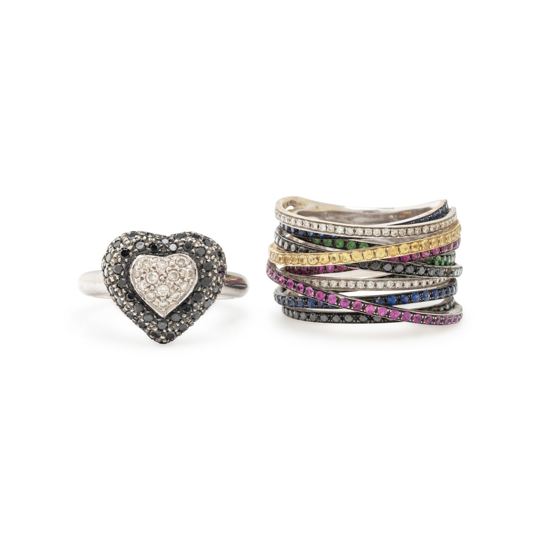 Two Diamond, Black Diamond, and Multigem Rings: Two Diamond, Black Diamond, and Multigem Rings Including a heart shape ring with round diamonds and black diamonds, and a ring with round diamonds, black diamonds, and variously colored synthetic ston