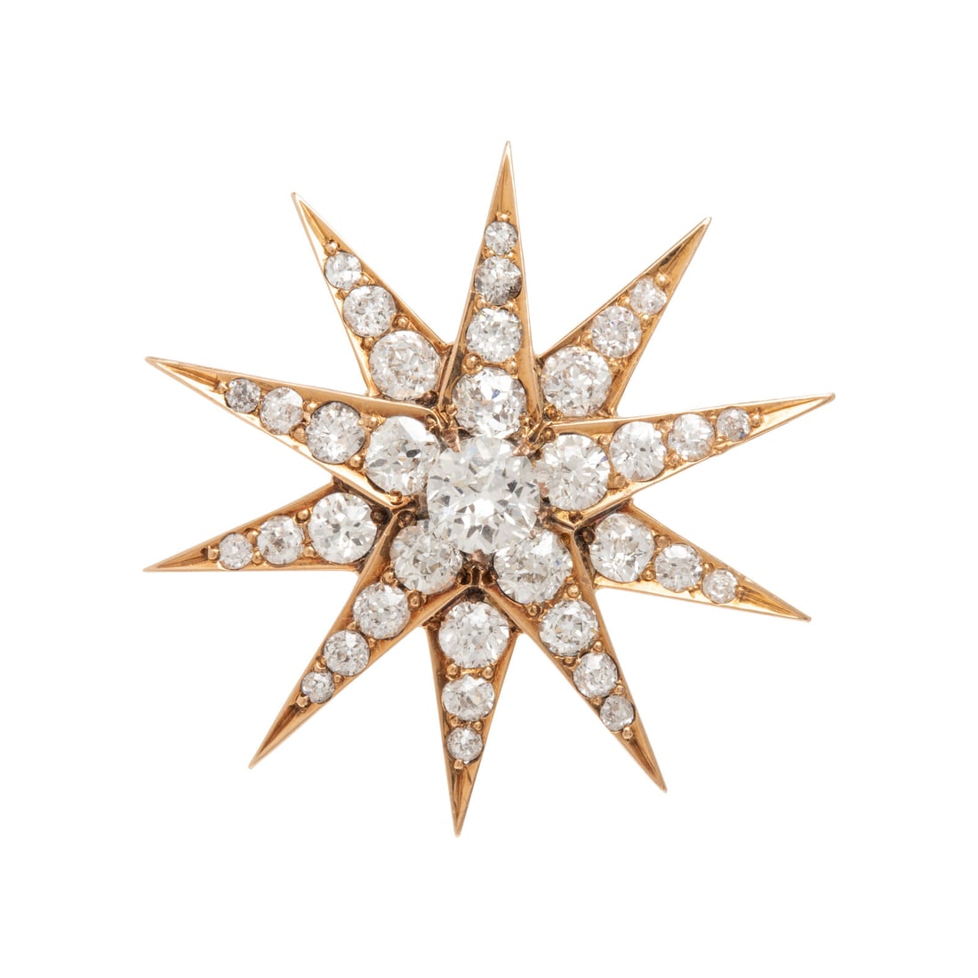 Diamond and Yellow Gold Star Pendant Brooch: Diamond and Yellow Gold Star Pendant Brooch Old mine and old European cut diamonds weighing approximately 3.30 carats total. Yellow gold. 1 1/4 inches long. Gross weight: 3.25 This lot is located in C