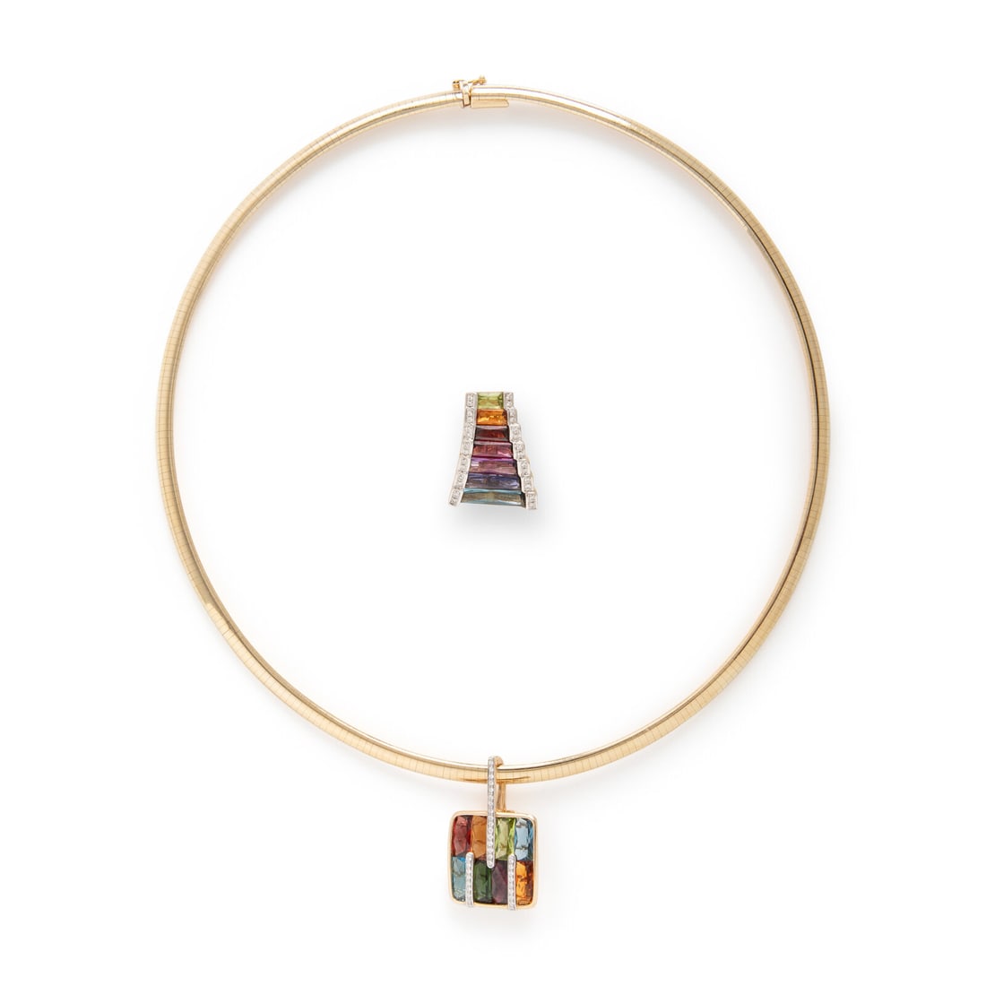 Bellarri, Two Multigem Pendants with Omega Chain: Bellarri, Two Multigem Pendants with Omega Chain Including an omega chain, and two multigem pendants set with French cut amethyst, citrine, peridot, blue topaz, green tourmaline, iolite, and garnet,